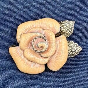 Vintage Judith Jack  Sterling Silver 925 Marcasite CZ Enamel Flower Brooch Pin